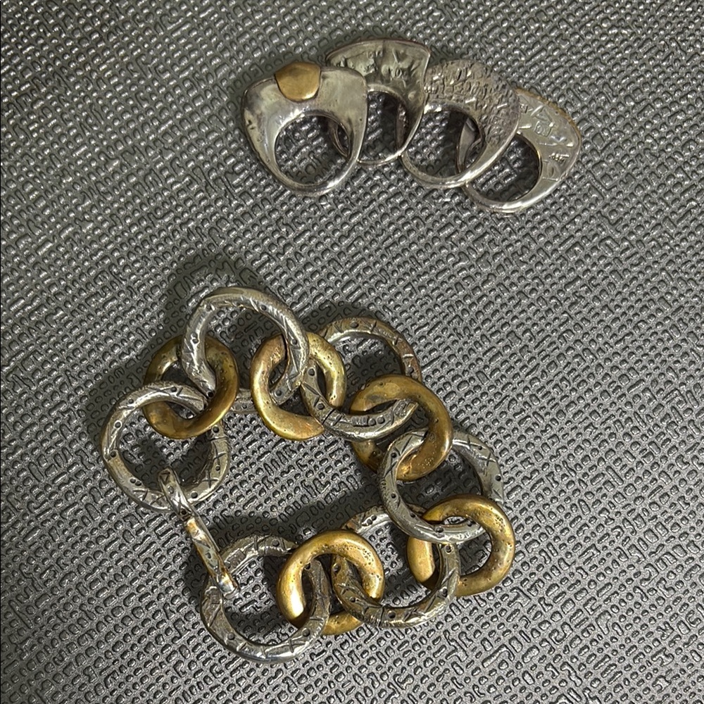 Chunky Silver and Brass Chain Bracelet with 4 rings that are 1/2 " from finger